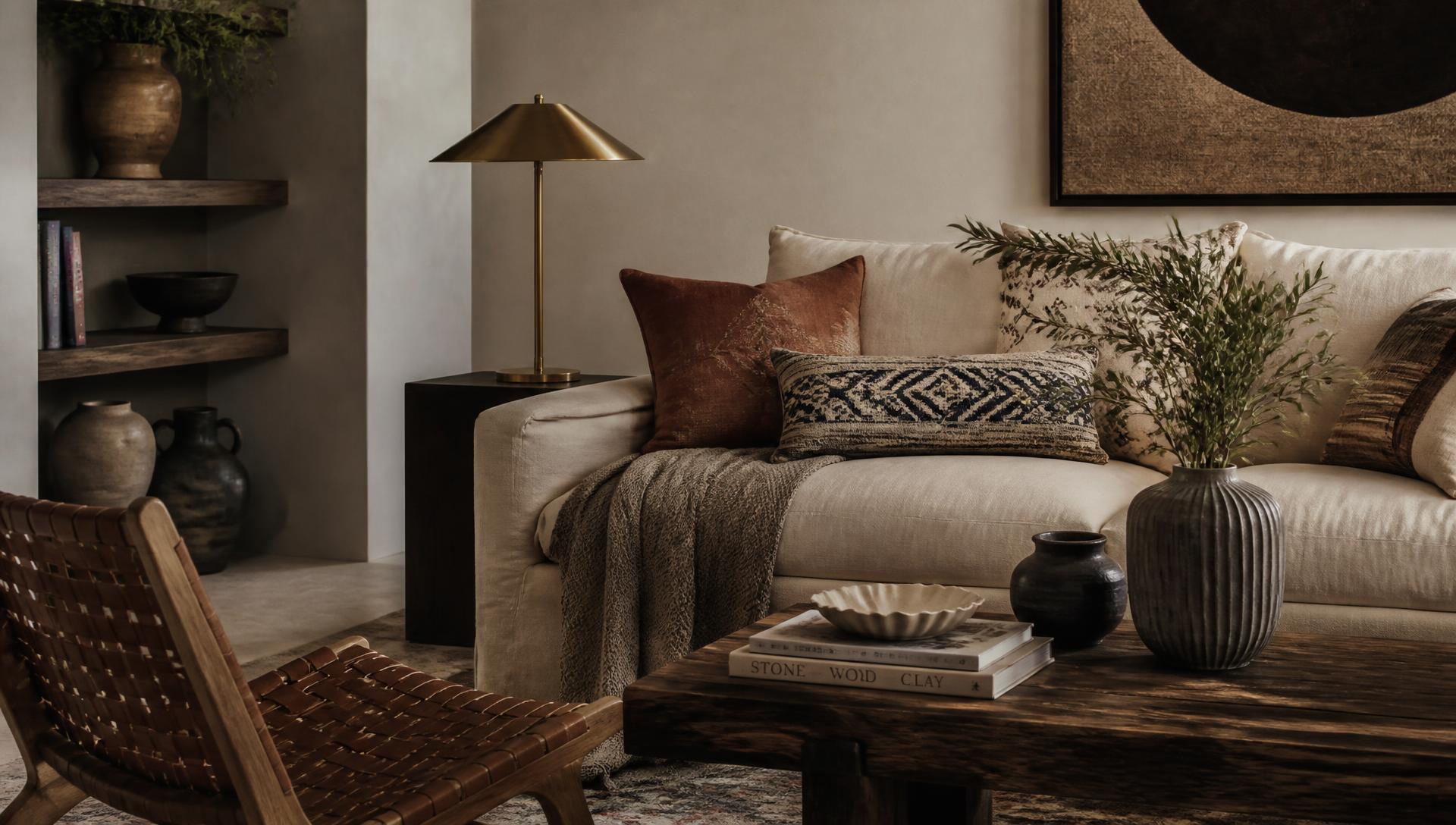 Styled living room with handwoven cushions, throws and brass lighting